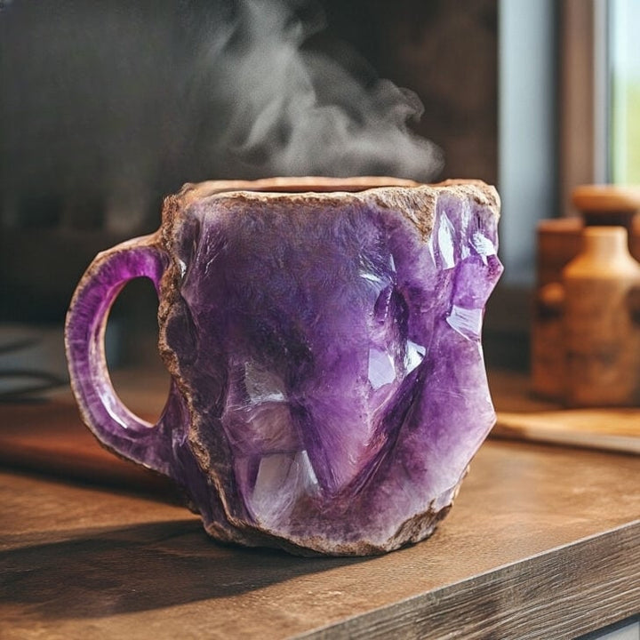Taza artesanal de cristal mineral – Aislante, apta para microondas, 350–450 ml, diseño único