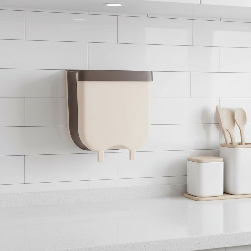 Papelera de cocina colgante y plegable de plástico para gabinete