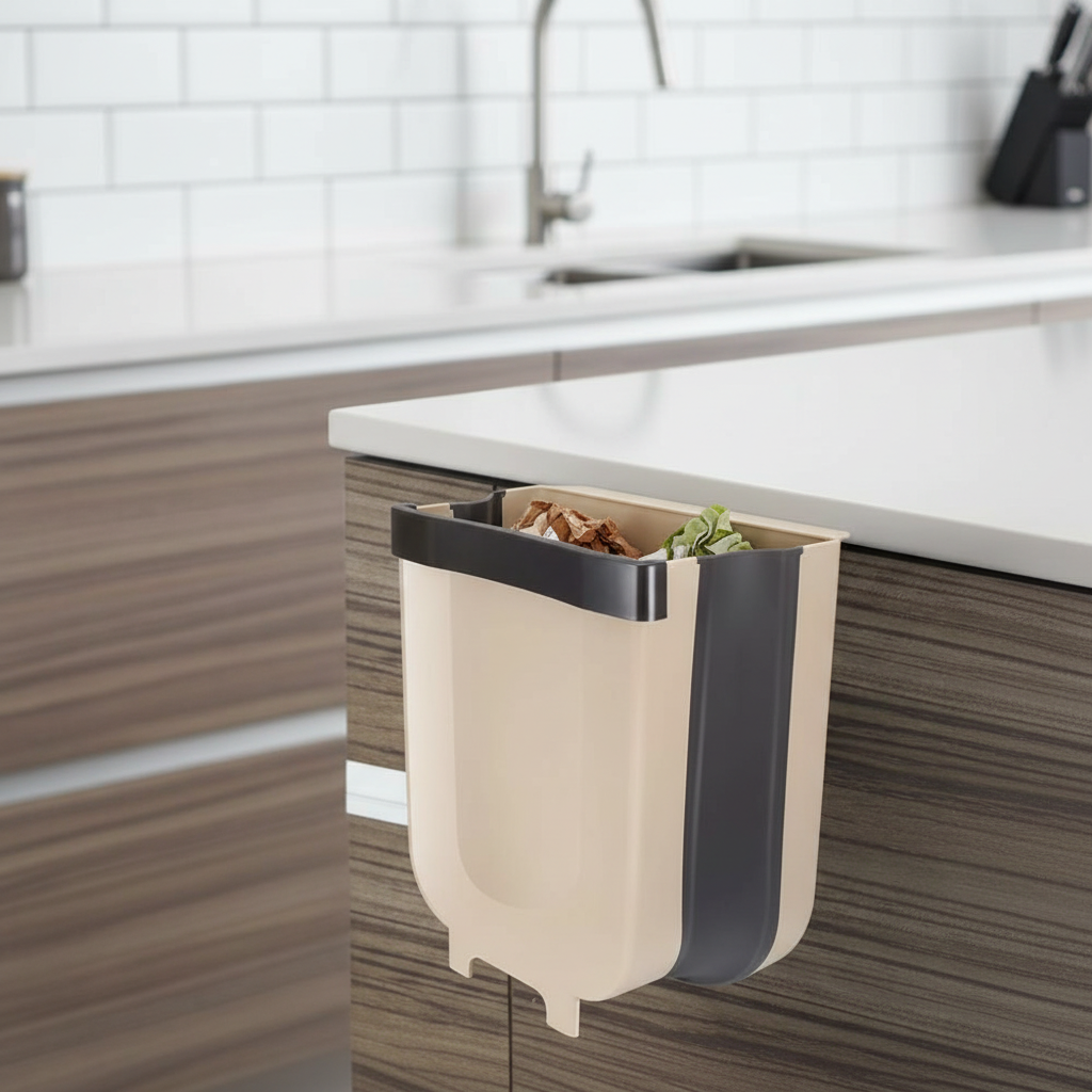 Papelera de cocina colgante y plegable de plástico para gabinete