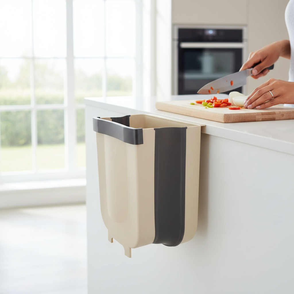 Papelera de cocina colgante y plegable de plástico para gabinete