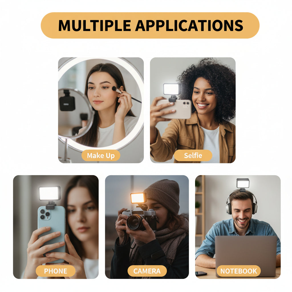 Luz LED para selfies con clip para teléfono, modos ajustables