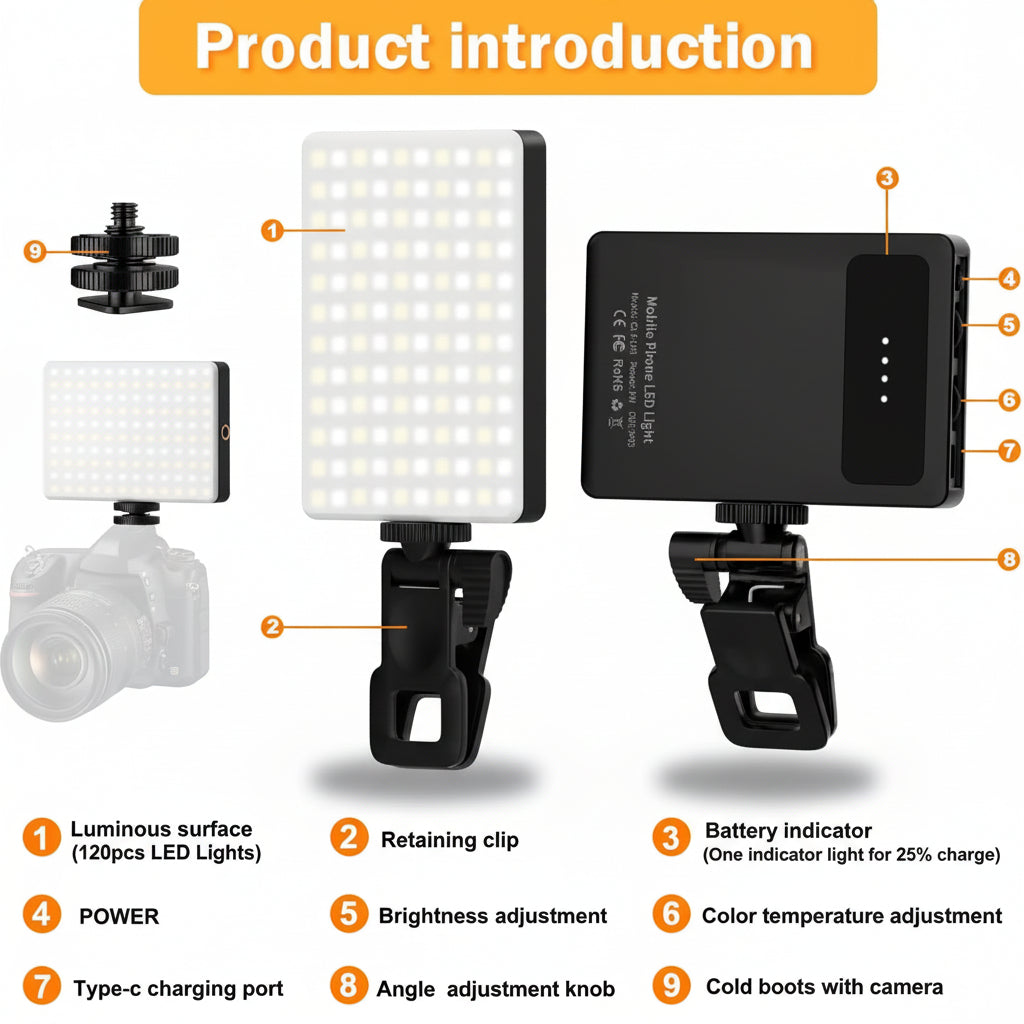 Luz LED para selfies con clip para teléfono, modos ajustables