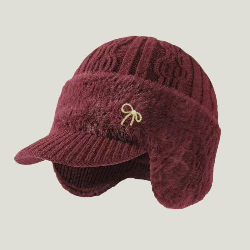 Gorro Trapper de Punto con Orejeras y Visera para Invierno — Granate