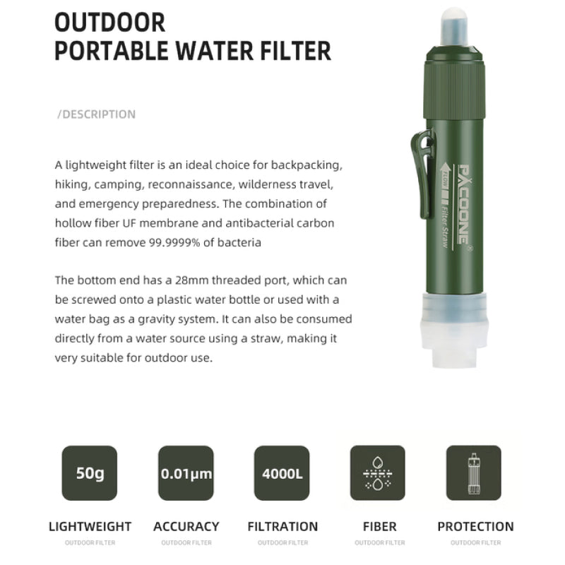 Pajilla filtrante de agua portátil | Filtro para camping y supervivencia