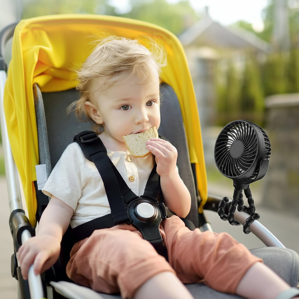 Ventilador portátil con clip para cochecito de bebé, alimentado por batería
