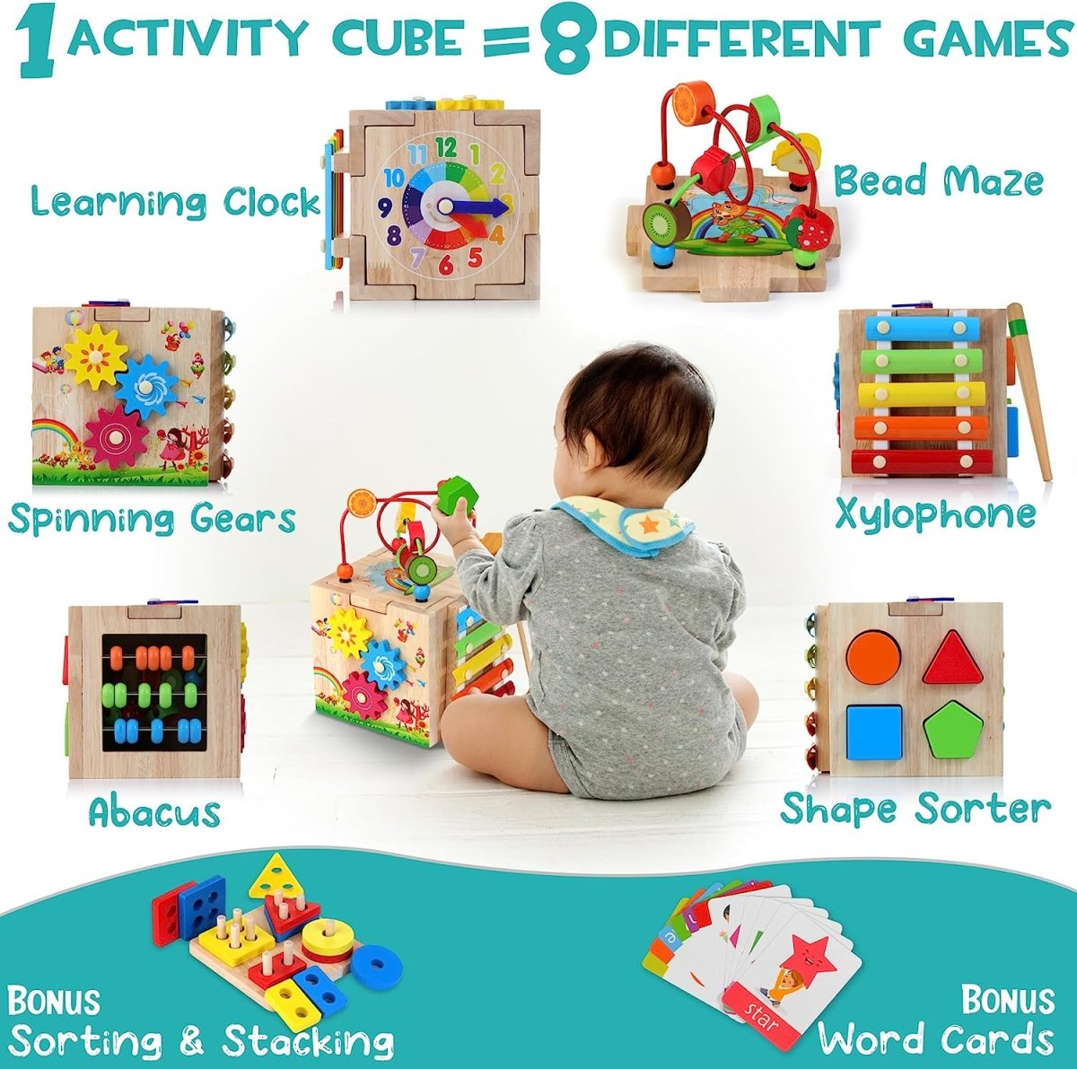 MINDBLOX – Cubo de Aprendizaje Montessori de Madera 8 en 1 para Niños Pequeños con Juegos Educativos