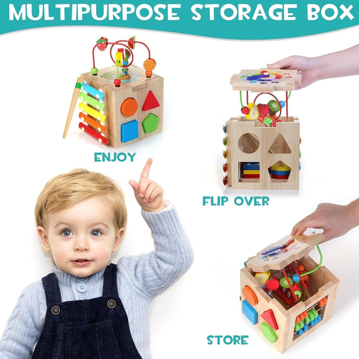 MINDBLOX – Cubo de Aprendizaje Montessori de Madera 8 en 1 para Niños Pequeños con Juegos Educativos