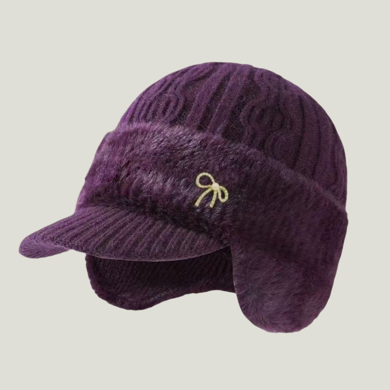 Gorro Trapper de Punto con Orejeras y Visera para Invierno — Morado