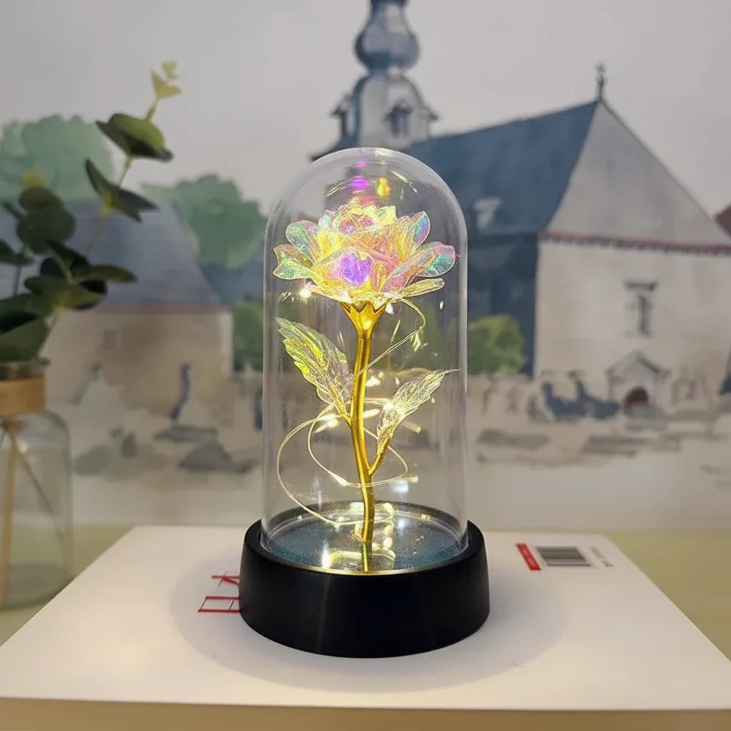 Lámpara de mesa LED con cúpula de vidrio rosa, luz decorativa romántica