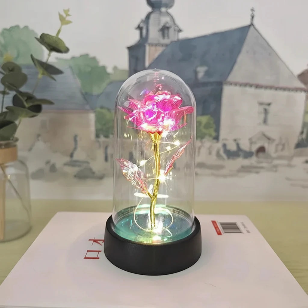 Lámpara de mesa LED con cúpula de vidrio rosa, luz decorativa romántica
