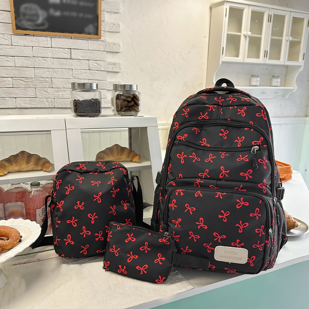 Mochila escolar de nailon con estampado geométrico de lazos, set de 3 piezas con bolso y estuche — Rojo