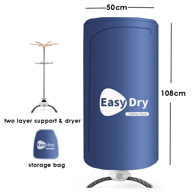 Tendedero eléctrico plegable 900W con aire caliente, acero inoxidable, secado rápido de ropa hasta 5kg — Azul