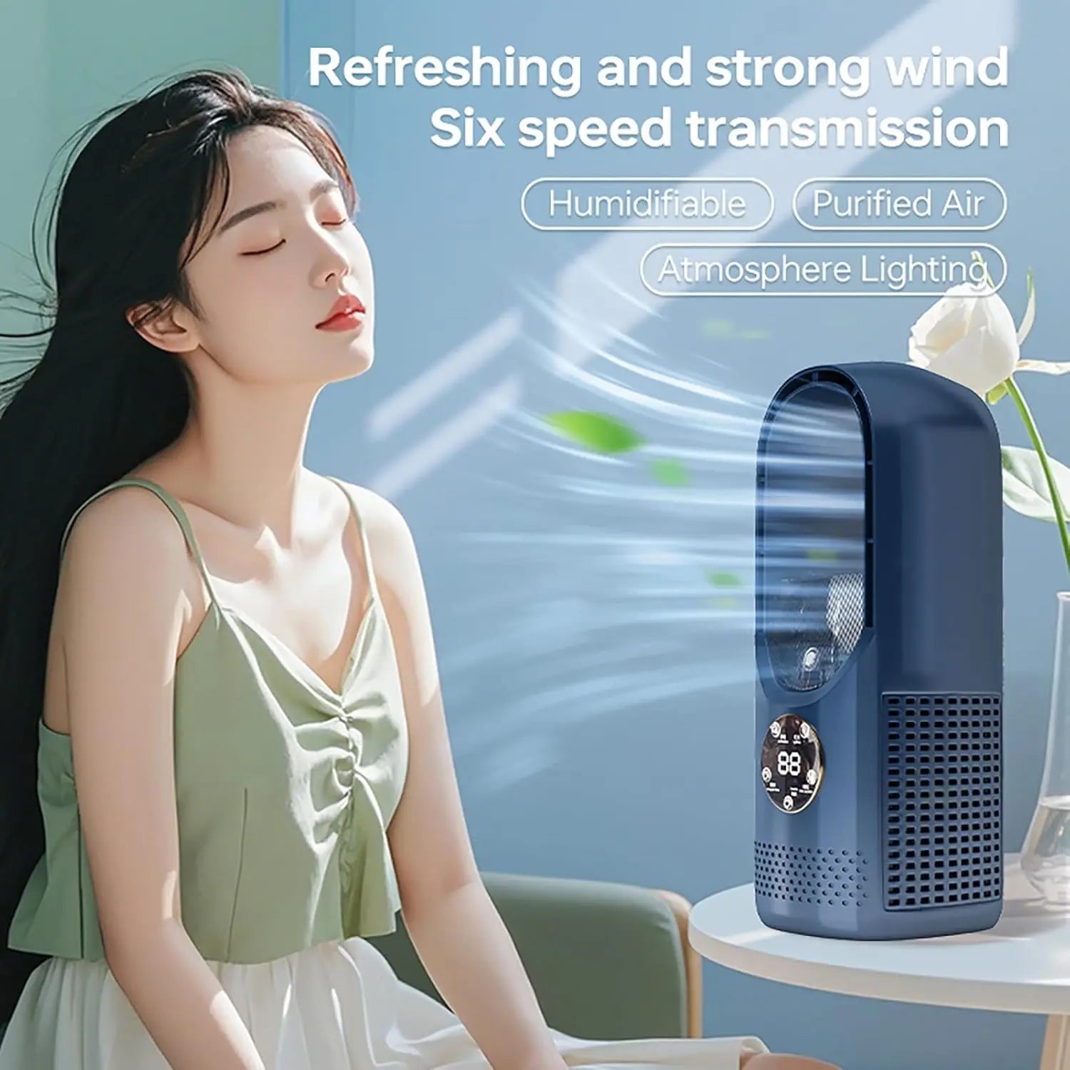 Ventilador sin aspas con humidificador y luz RGB - Silencioso e inalámbrico para casa y de viaje