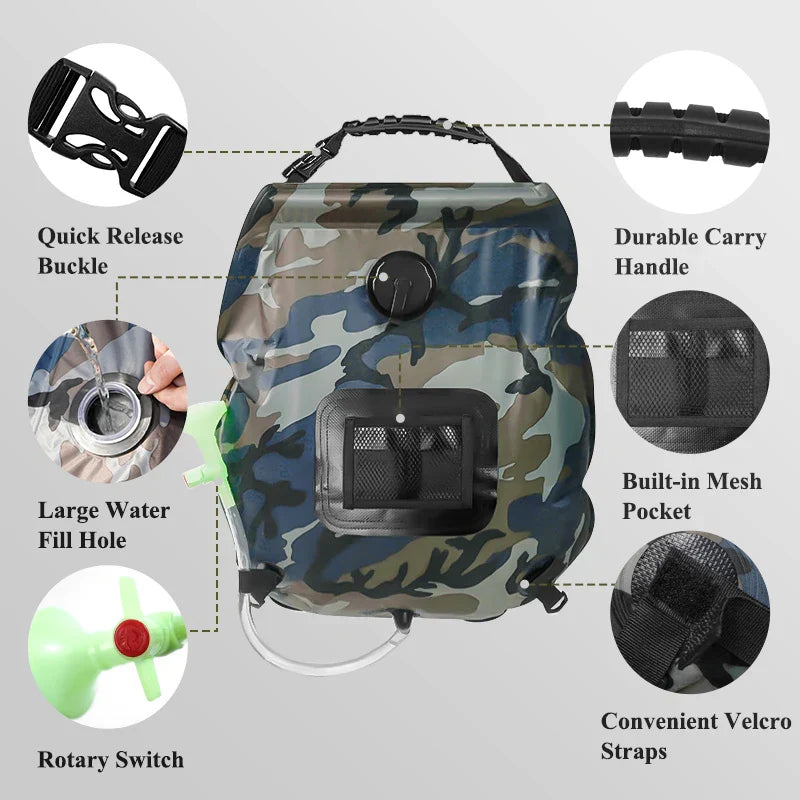 Ducha solar portátil 20L con manguera | Para camping y playa