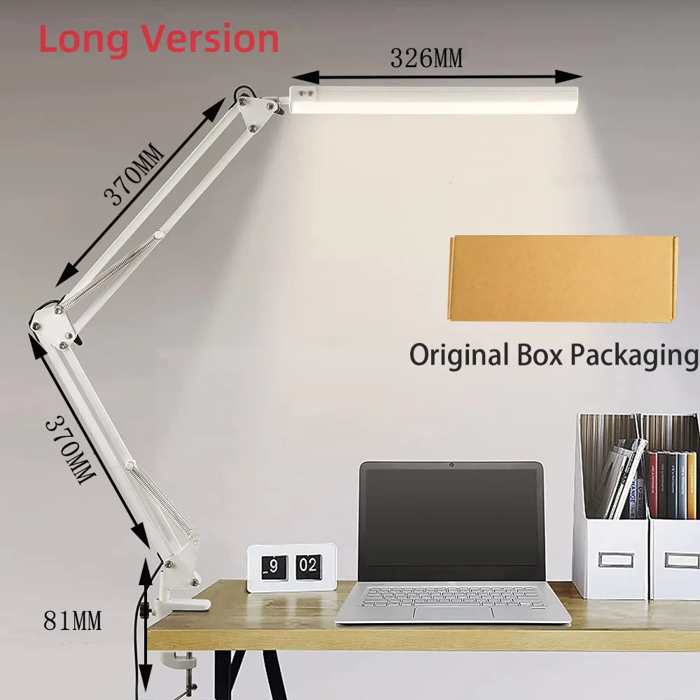 Lámpara de escritorio LED 10W con pinza y brazo articulado, regulable, 10 niveles de brillo, 3 modos, carga USB — Larga blanca con caja