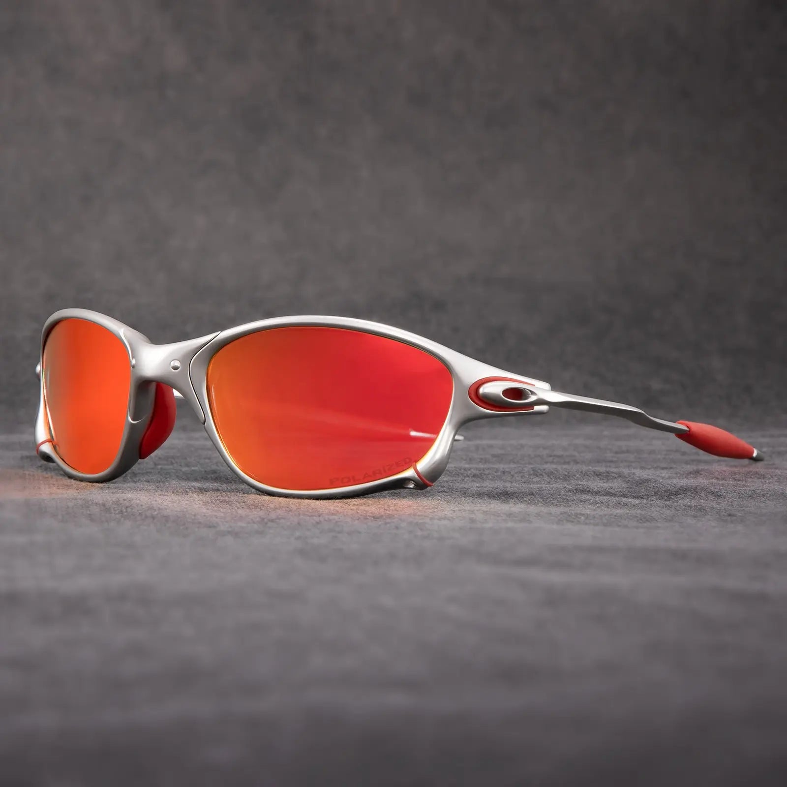 Gafas de sol deportivas polarizadas con montura de metal y lentes rojas espejadas UV400 — Naranja y Plata