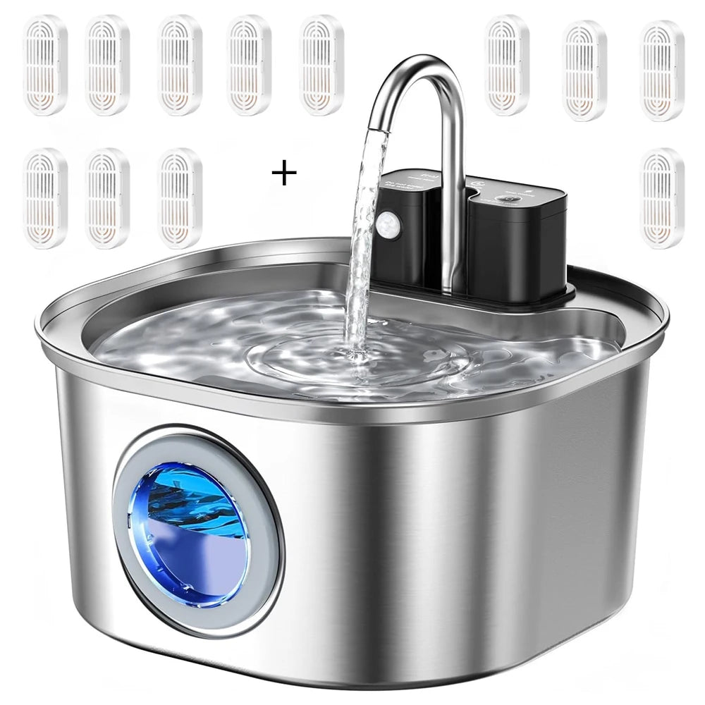 Fuente de agua para gatos y perros 3L acero inoxidable con sensor inalámbrico recargable — Pet Water 12Chip