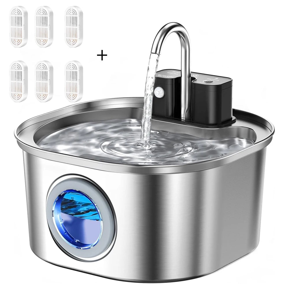 Fuente de agua para gatos y perros 3L acero inoxidable con sensor inalámbrico recargable — Pet Water 6Chip