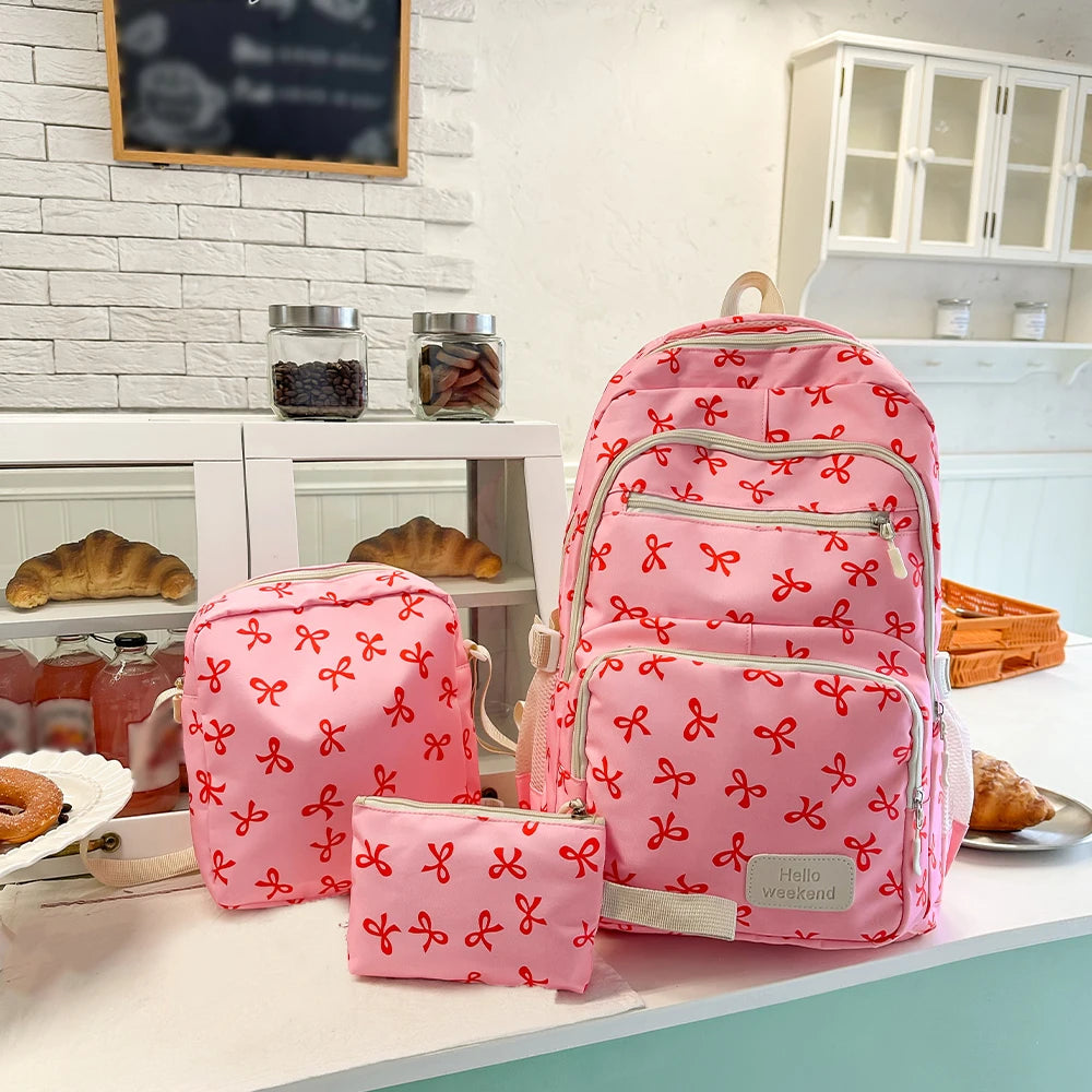 Mochila escolar de nailon con estampado geométrico de lazos, set de 3 piezas con bolso y estuche — Fucsia