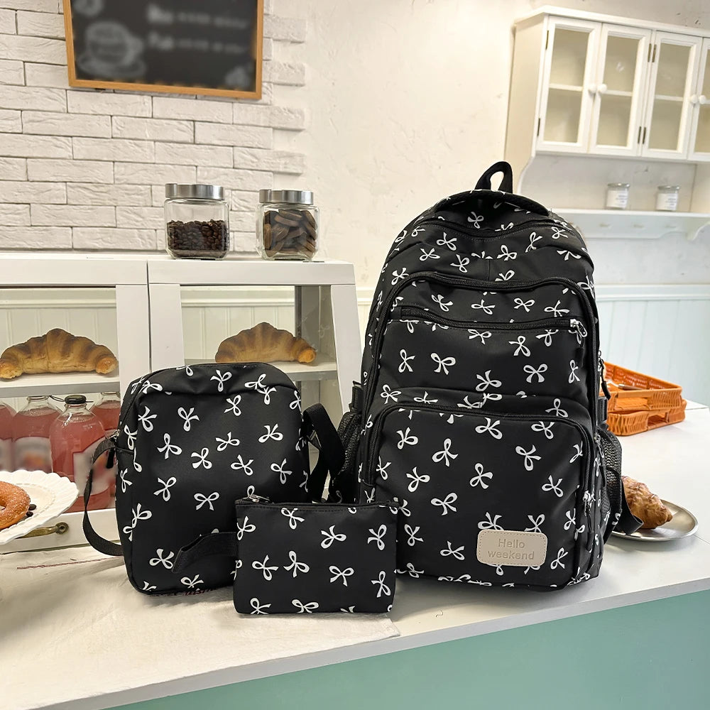 Mochila escolar de nailon con estampado geométrico de lazos, set de 3 piezas con bolso y estuche — Negro