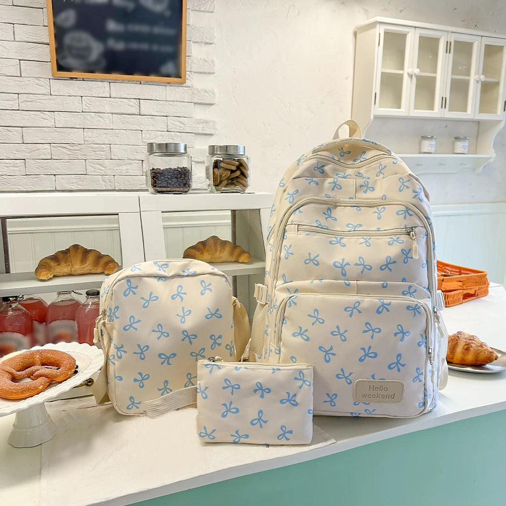 Mochila escolar de nailon con estampado geométrico de lazos, set de 3 piezas con bolso y estuche — Azul