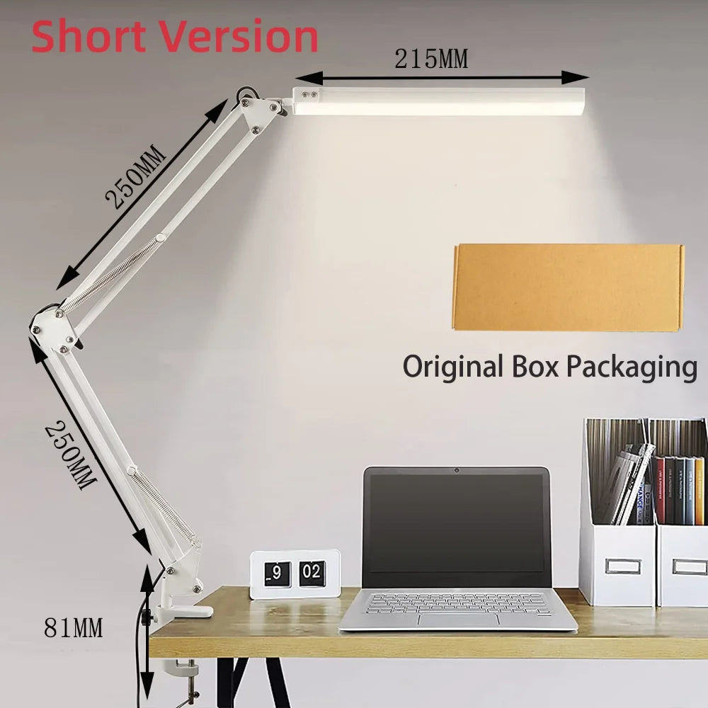 Lámpara de escritorio LED 10W con pinza y brazo articulado, regulable, 10 niveles de brillo, 3 modos, carga USB — Corta blanca con caja