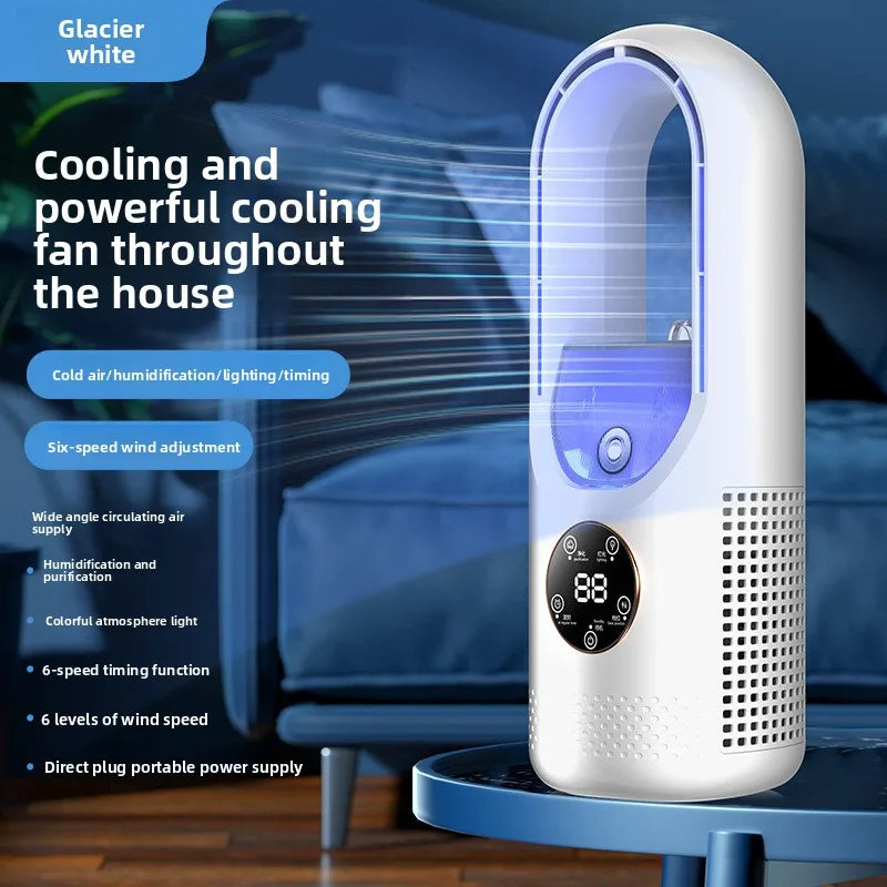 Ventilador sin aspas con humidificador y luz RGB - Silencioso e inalámbrico para casa y de viaje