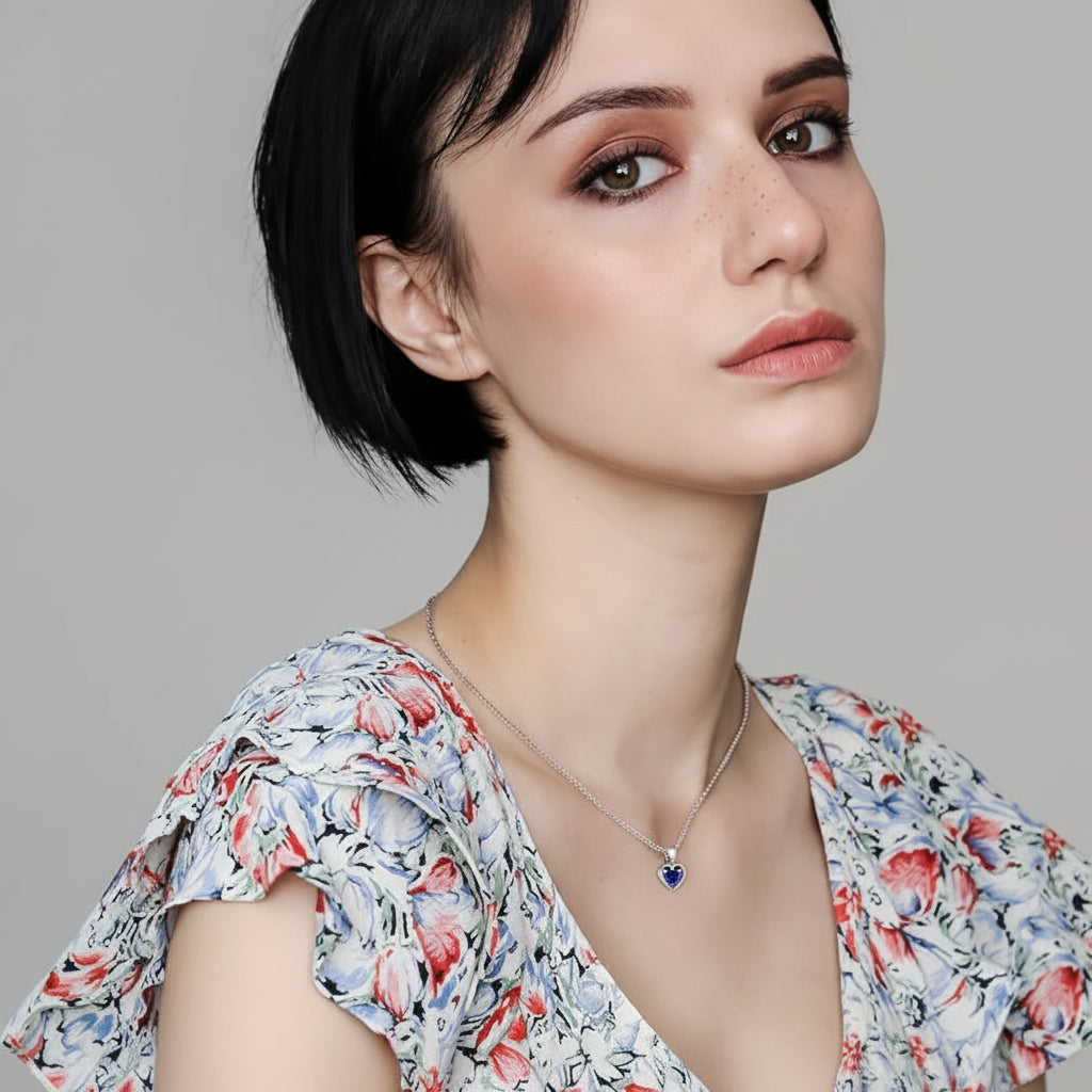 Collar de plata con colgante en forma de corazón y zafiro, piedra de nacimiento