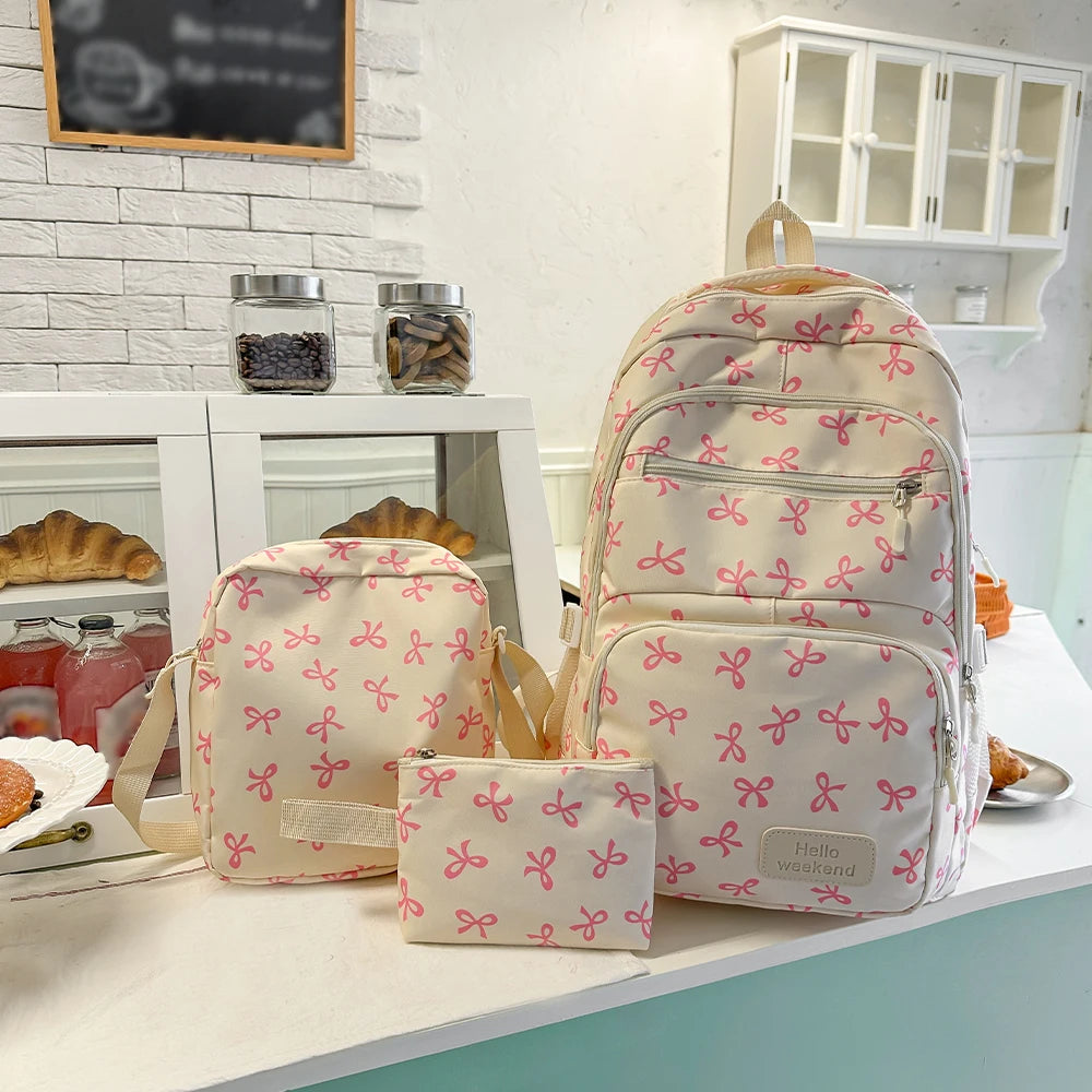 Mochila escolar de nailon con estampado geométrico de lazos, set de 3 piezas con bolso y estuche — Rosa