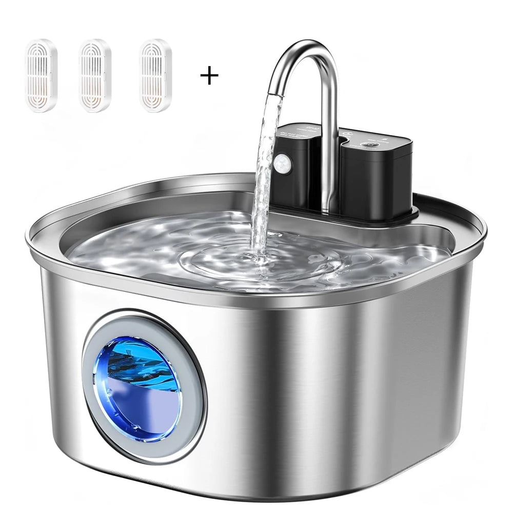 Fuente de agua para gatos y perros 3L acero inoxidable con sensor inalámbrico recargable — Pet Water 3Chip
