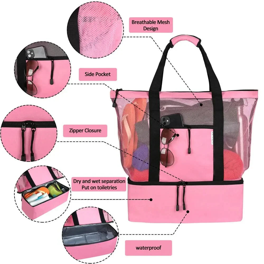 Bolsa de picnic y playa de malla impermeable con doble capa y gran capacidad