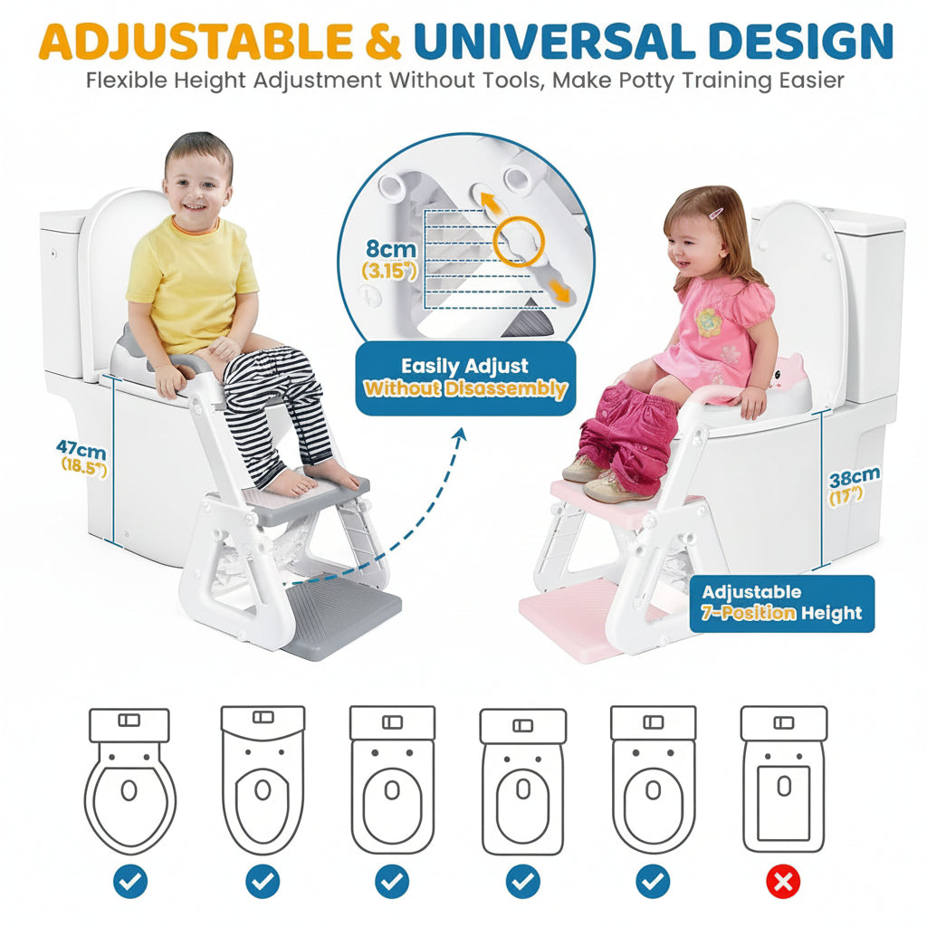 Asiento de entrenamiento para inodoro para niños pequeños con escalón y altura ajustable