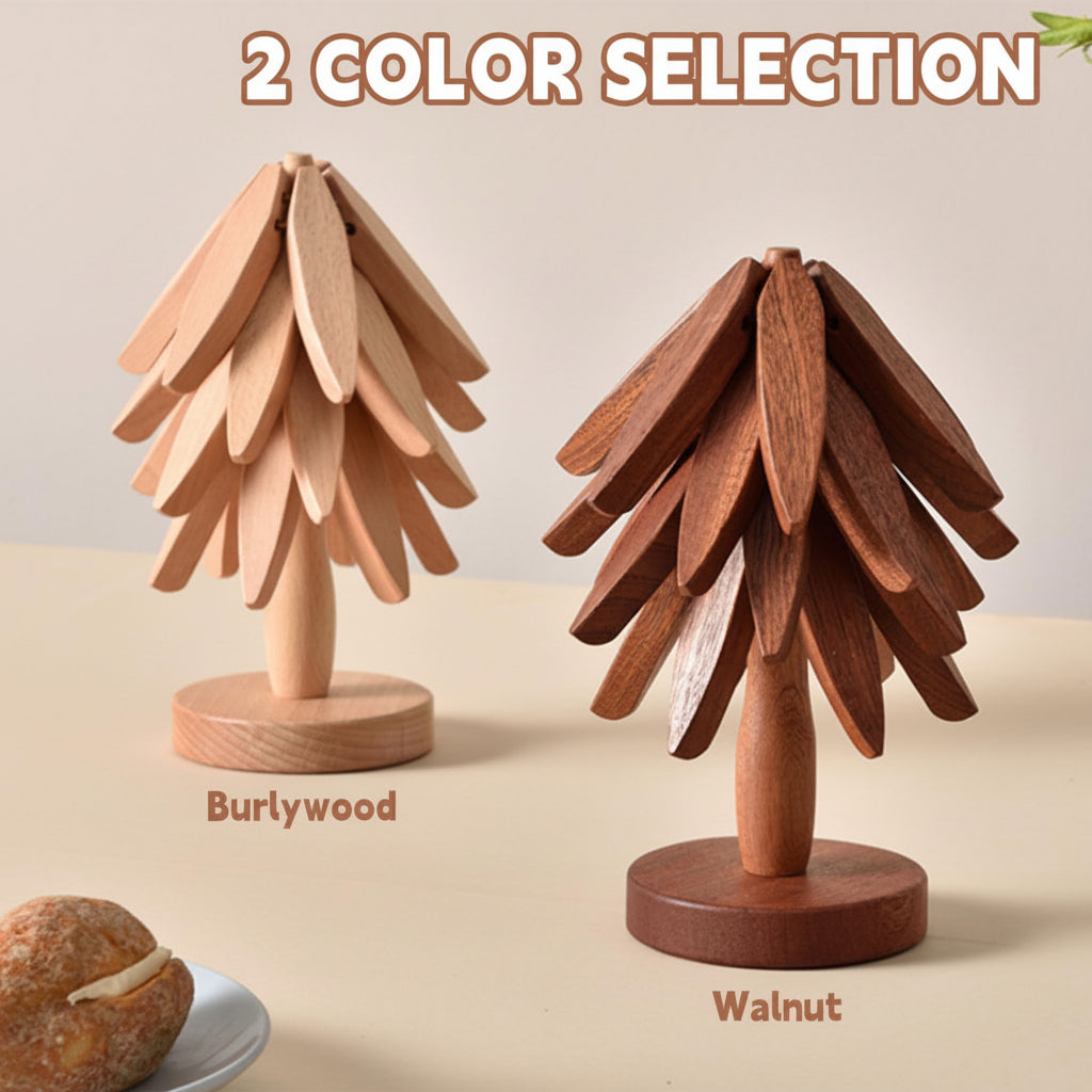 Conjunto de soportes para ollas de madera, plegables, resistentes al calor, con diseño de árbol