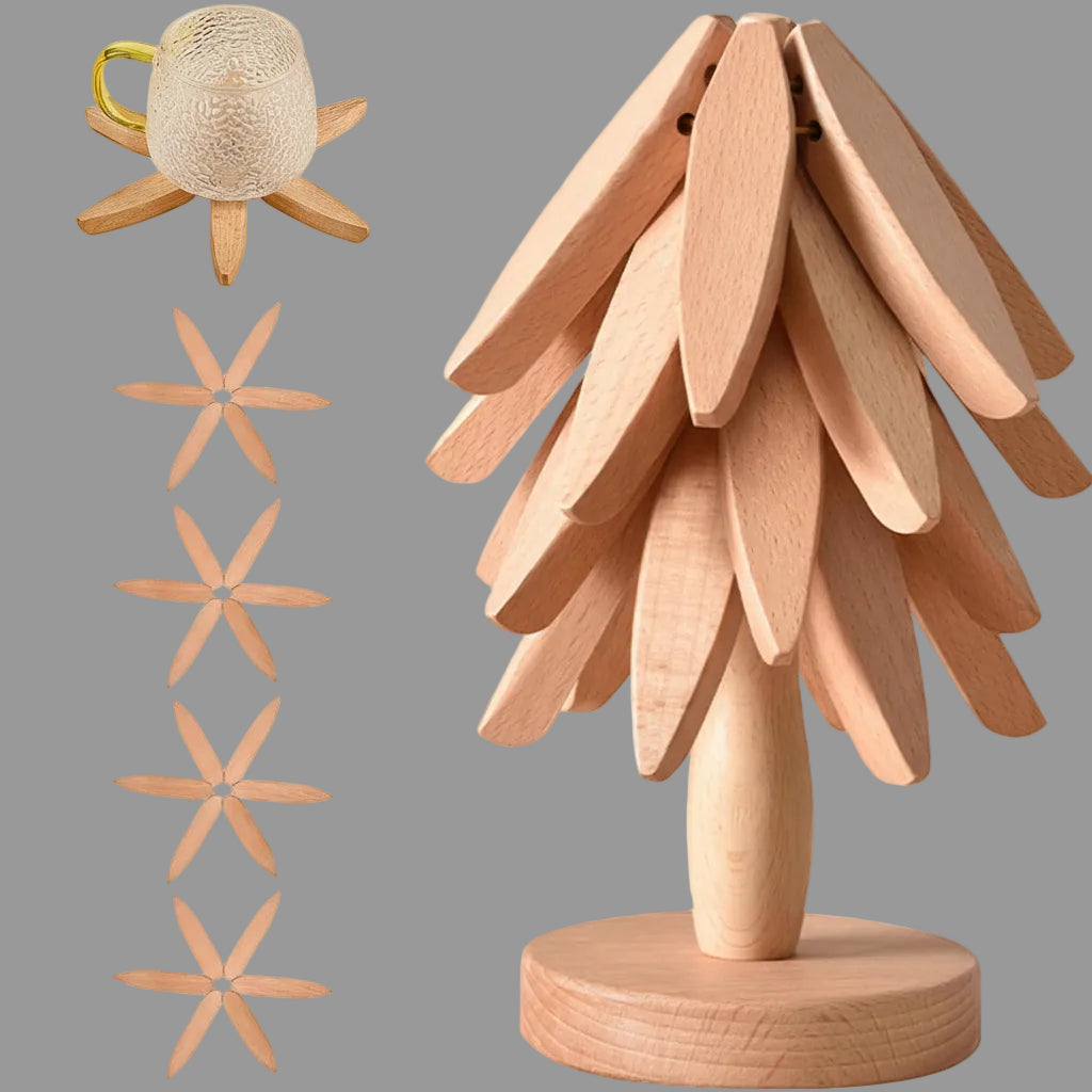 Conjunto de soportes para ollas de madera, plegables, resistentes al calor, con diseño de árbol