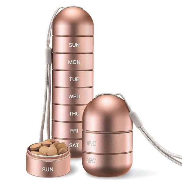 Pastillero Semanal Portátil 7 Días con Compartimentos Separados 15,3 cm — Oro rosa