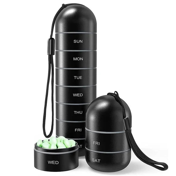 Pastillero Semanal Portátil 7 Días con Compartimentos Separados 15,3 cm — Negro