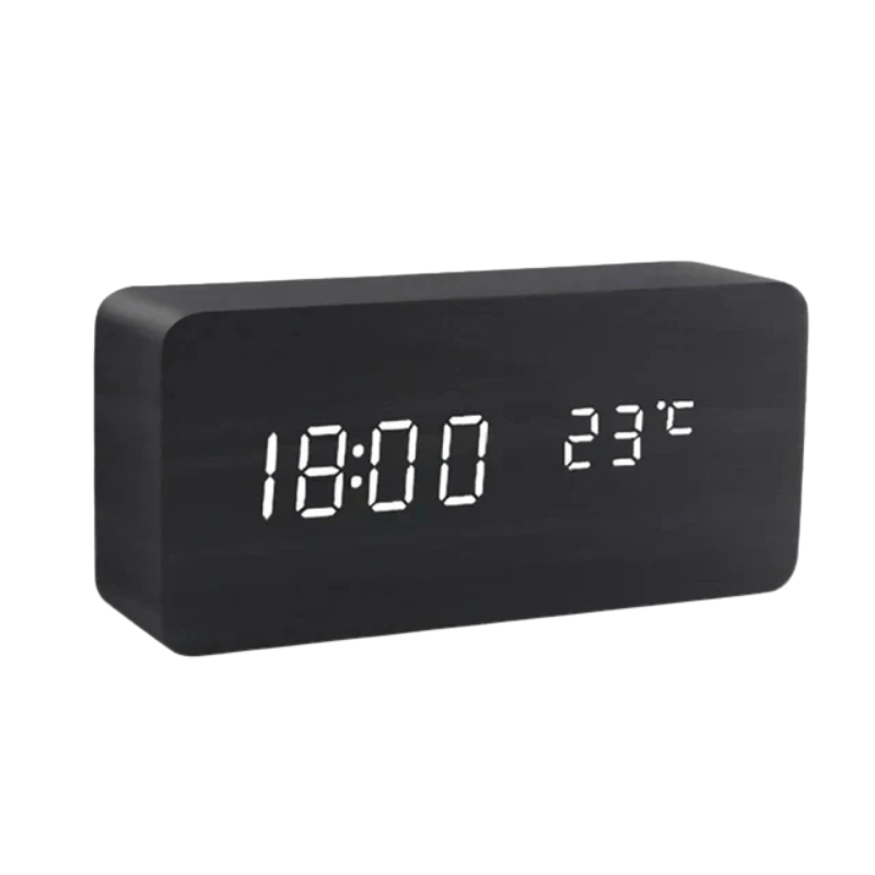 Reloj Despertador LED de Madera con Control por Voz – 8×15×9 cm – Display Digital — Negro bloque