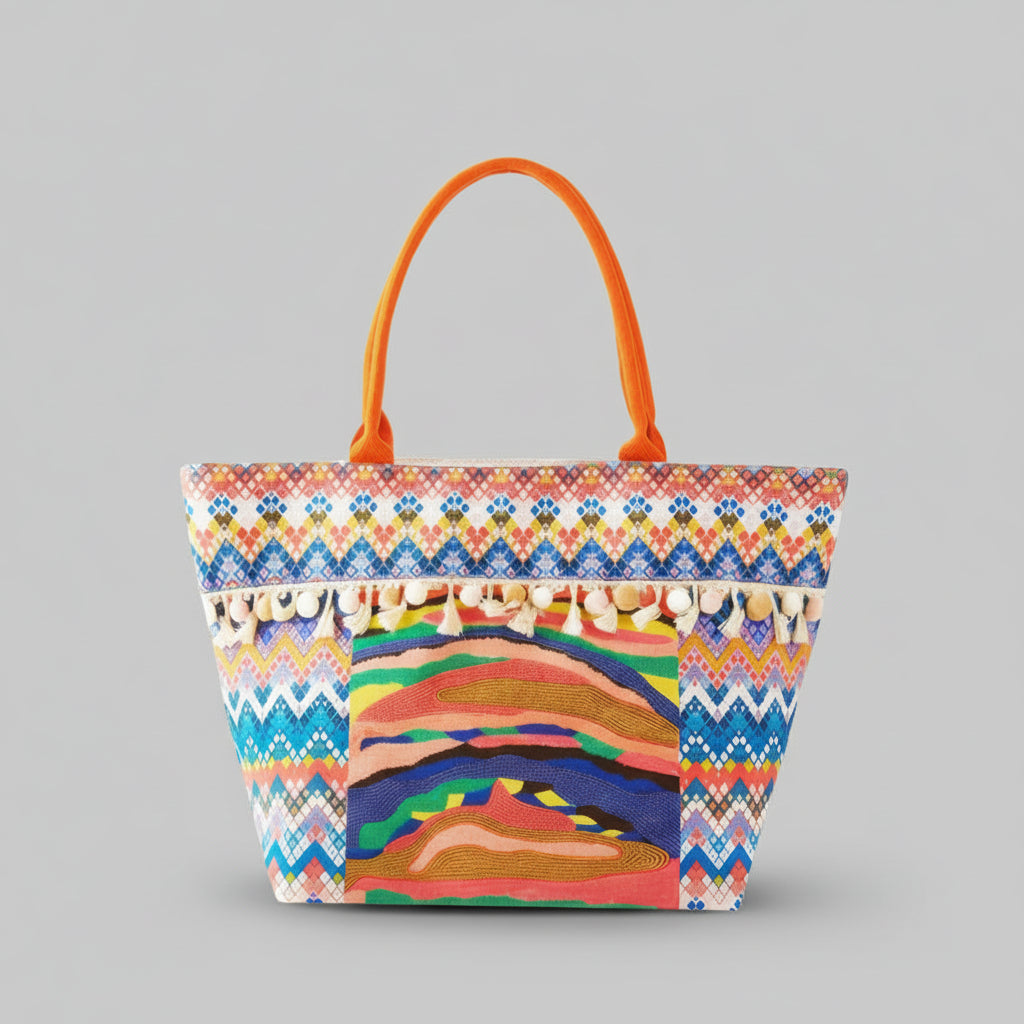 Bolso tote con flecos y estampado bohemio
