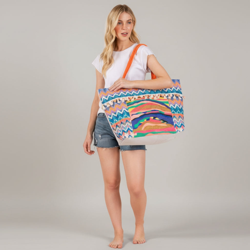Bolso tote con flecos y estampado bohemio