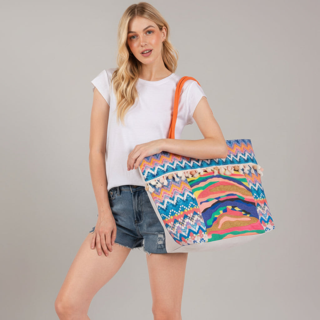 Bolso tote con flecos y estampado bohemio
