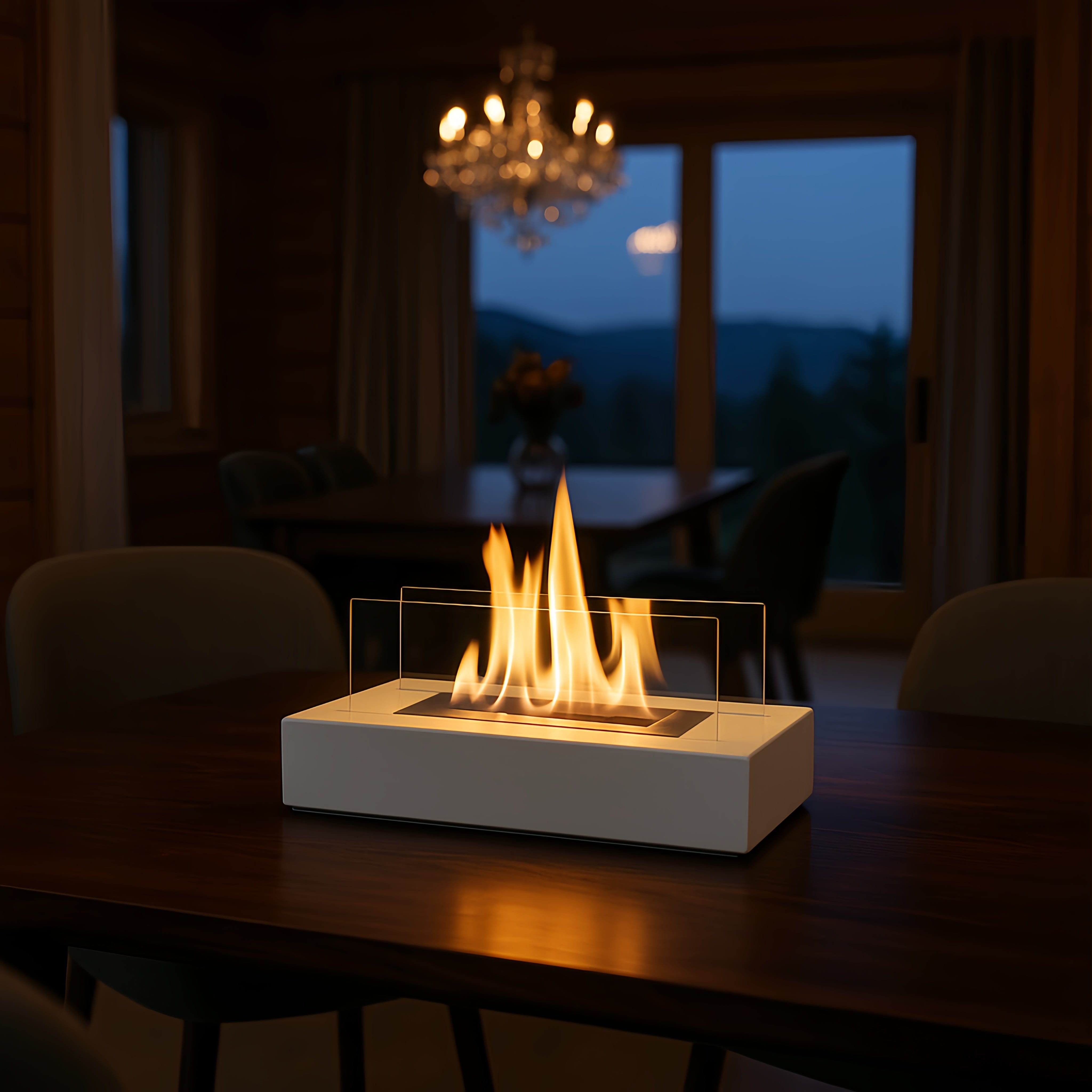 Chimenea de mesa rectangular premium de bioetanol - vidrio de borosilicato y acero de alta calidad