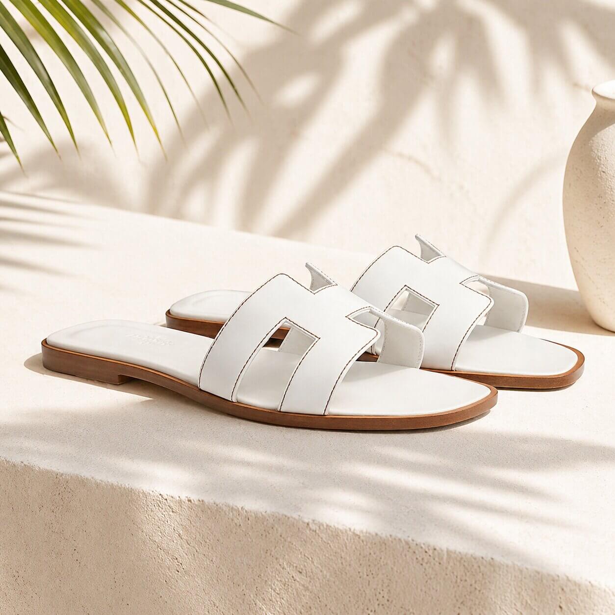 Sandalias Planas de Piel para Mujer | Zuecos Deslizantes de Verano | EU 35-43 — Blanco