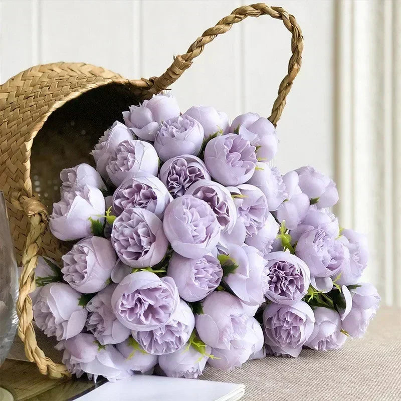 27 flores de peonía de seda realistas en tonos suaves y románticos