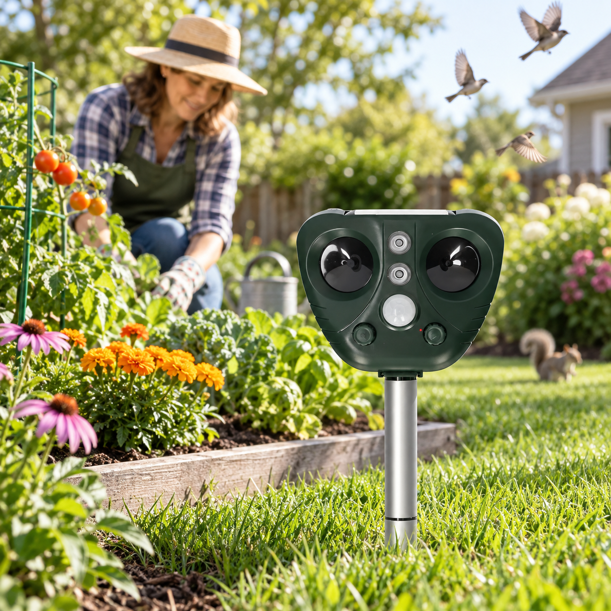 Ahuyentador de Pájaros Ultrasónico Solar para Jardín y Exterior