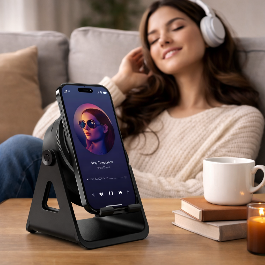 Altavoz Bluetooth con soporte para móvil y carga inalámbrica