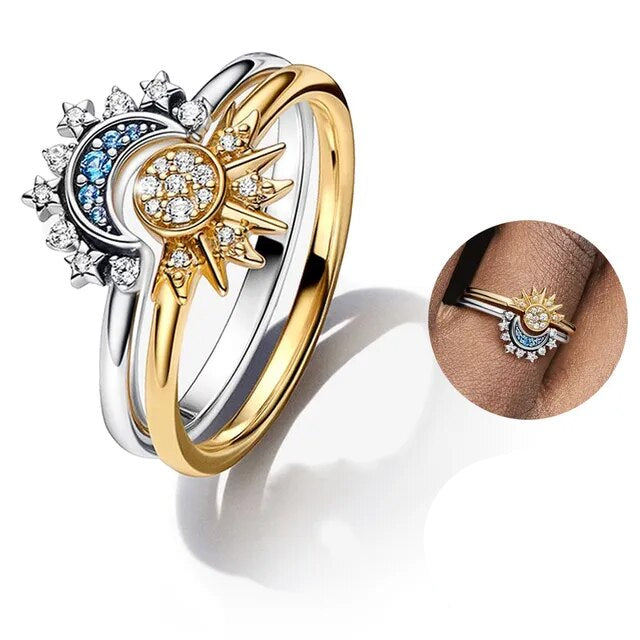 Anillo de plata celestial para mujer con cristales brillantes