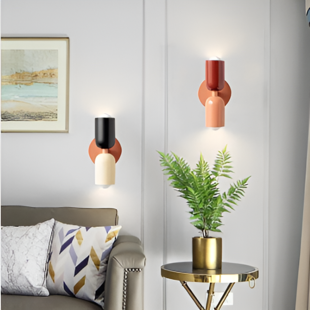 Aplique de pared con batería — pantallas dobles tipo cápsula, diseño inalámbrico