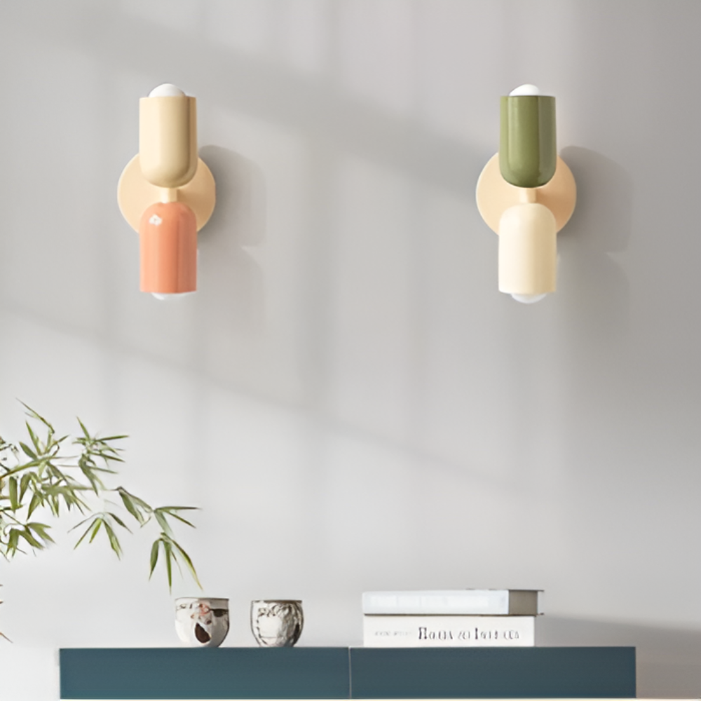 Aplique de pared con batería — pantallas dobles tipo cápsula, diseño inalámbrico