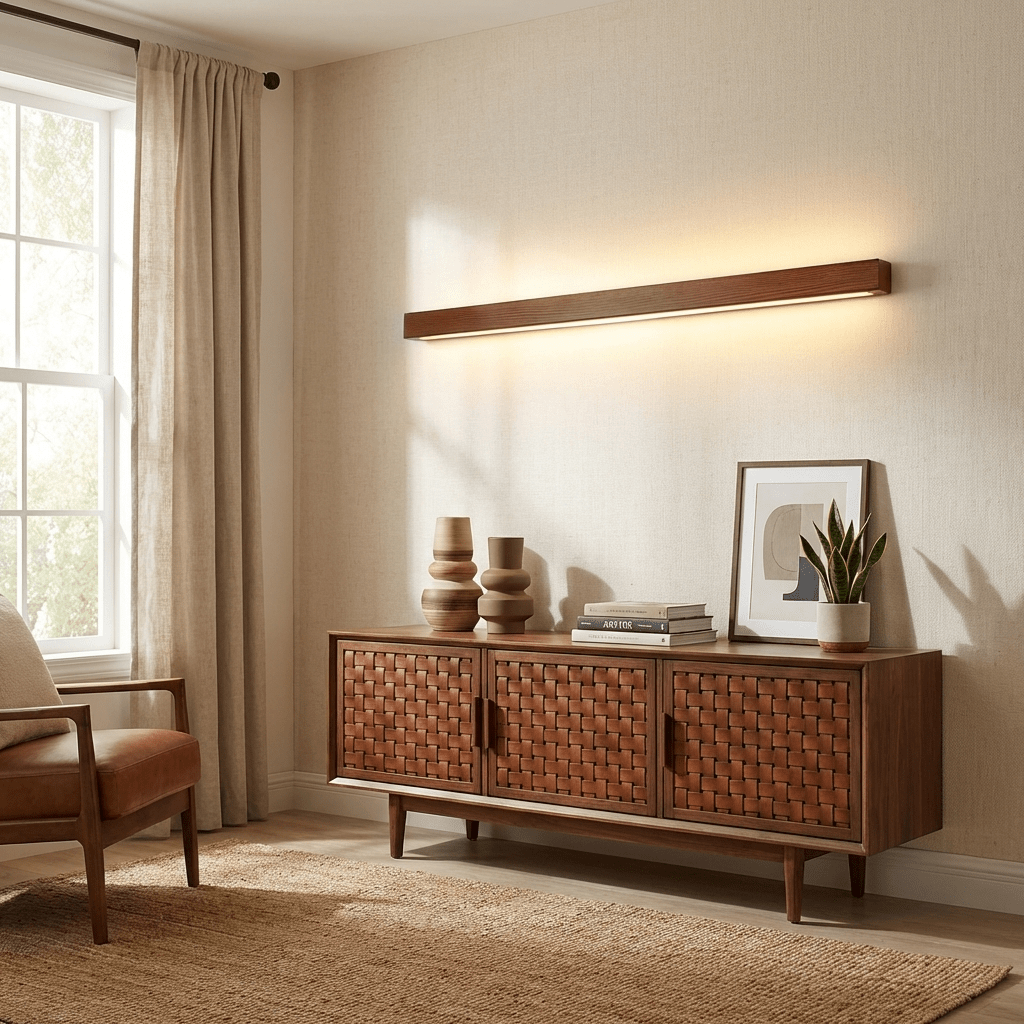 Aplique de pared lineal de madera con luz delgada