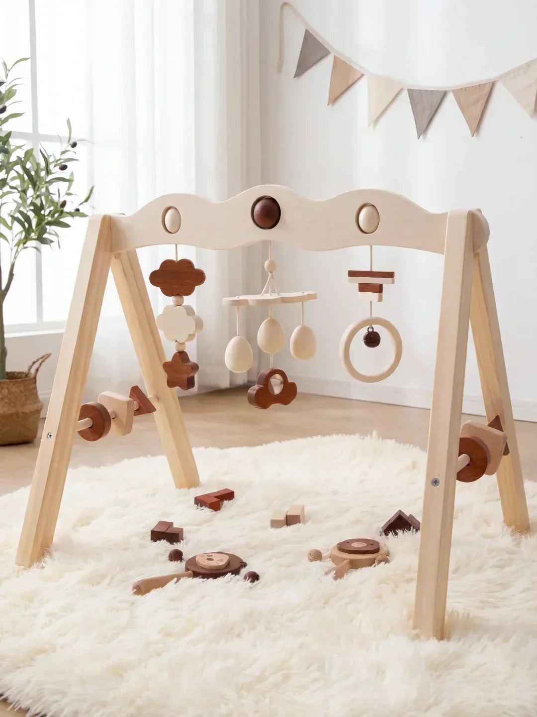 Arco de actividades de madera natural – Gimnasio sensorial para bebés y niños pequeños